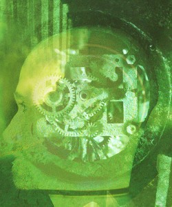 A green x-ray view of the gears and wheels turning inside a person's brain.