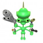 Green alien with four arms and pointing lots of guns are us.