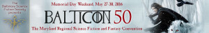 Balticon 50 Banner with dark swordsman and white wolf with bsfs logo